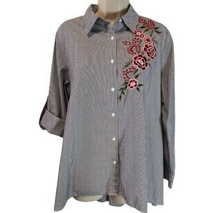 Walter Baker Myron Tunic Pinstripe Shirt with Floral Embroidery Women's M‎
